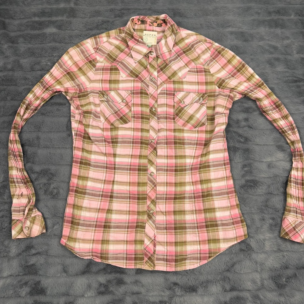Roper Womens Pink Green Plaid Metallic Western Snap Shirt Medium